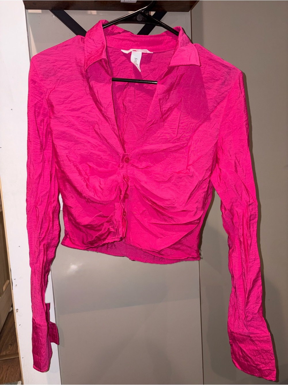 H&M Hot Pink Ruched Button-Down Collared Top